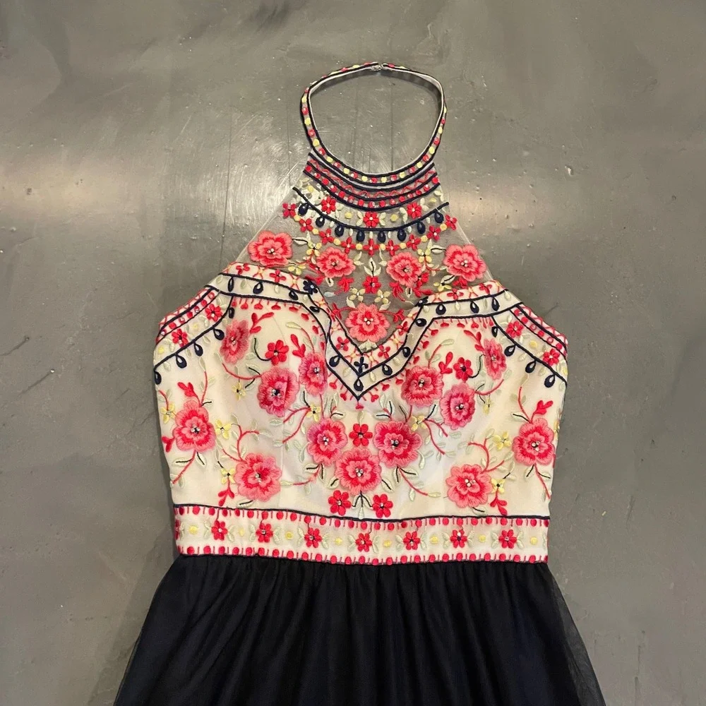 Blondie Nites Stacy Sklar Floral Embroidered Halter Prom Dress Gown Size 5 Navy - Picture 2 of 8